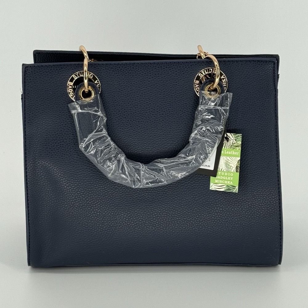 Studio Badgley Mischka‎ Navy Vegan Leather Satchel Bag Top Handle Charm $129